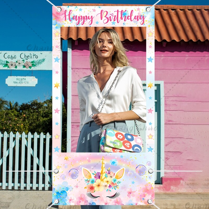 Egyszarvú témájú fotófülke kellékek keret Gyerekek 1. születésnapi parti dekorációja lövöldözős háttér kellékei esküvői babazuhany dekorációs kellékek