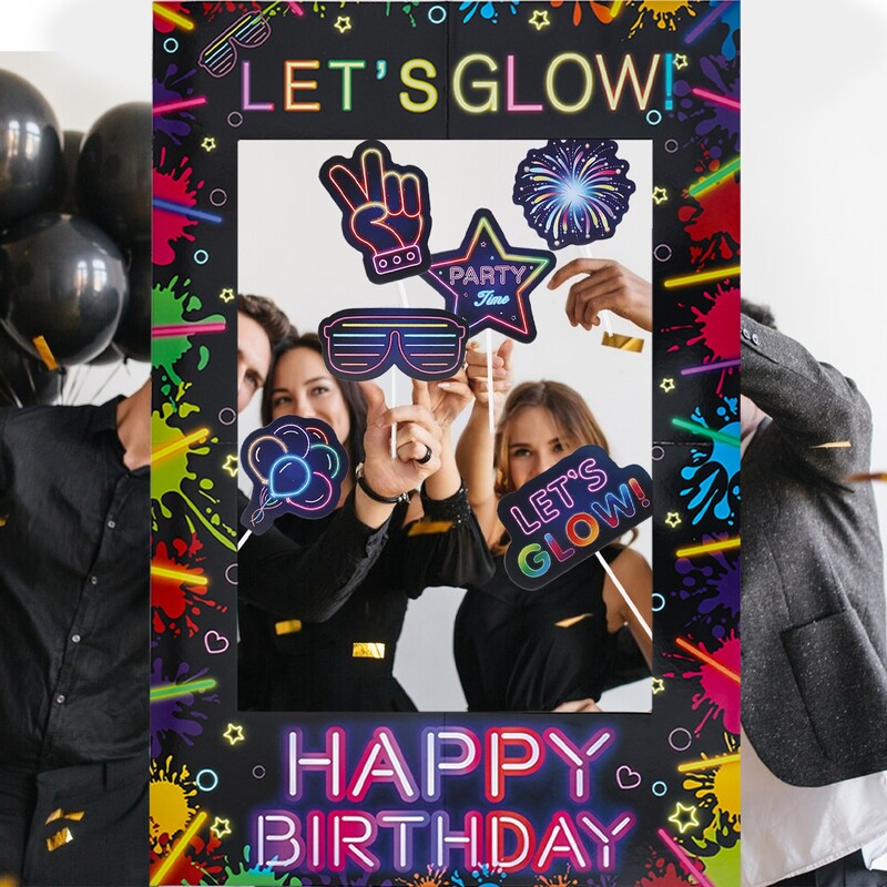 Φθορίζον πάρτι Κορνίζα φωτογραφιών στηρίγματα σκοποβολής Let's Glow in The Dark Happy Birthday Party Deco Kids Adult Favor Supplies