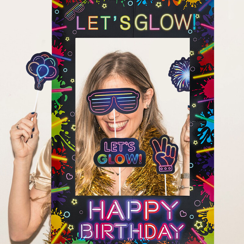 Φθορίζον πάρτι Κορνίζα φωτογραφιών στηρίγματα σκοποβολής Let's Glow in The Dark Happy Birthday Party Deco Kids Adult Favor Supplies