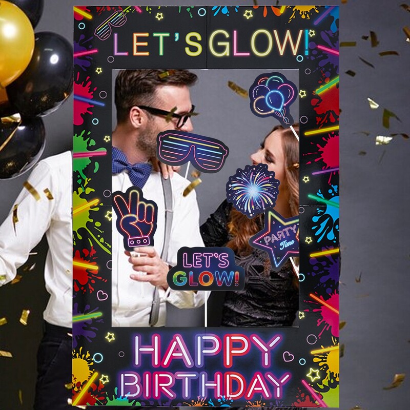 Φθορίζον πάρτι Κορνίζα φωτογραφιών στηρίγματα σκοποβολής Let's Glow in The Dark Happy Birthday Party Deco Kids Adult Favor Supplies