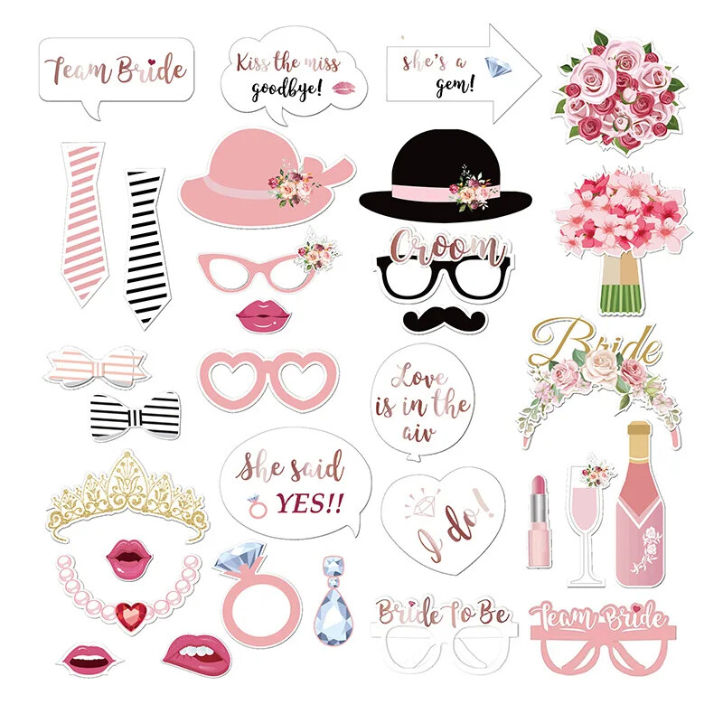 23/32 DB Kreatív esküvői parti kézi fotókellékek Menyasszony és a vőlegény csapata lövöldözős dekorációk Vicces születésnapi buli barkácsfotózás