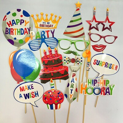 18PCS Birthday Photo Booth Props Balloon Cake Candle Birthday Party Photo Booth Props Επετειακό ντεκόρ προμήθειες Χρόνια πολλά