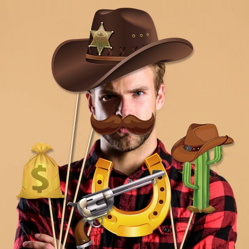 25db western cowboy fotófülke kellék, papír cowboy stílusú fotó kellék, alkalmas bulifotó hangulatú kellékek kellékeihez stb.