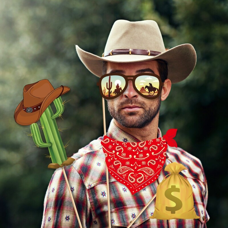 25db western cowboy fotófülke kellék, papír cowboy stílusú fotó kellék, alkalmas bulifotó hangulatú kellékek kellékeihez stb.