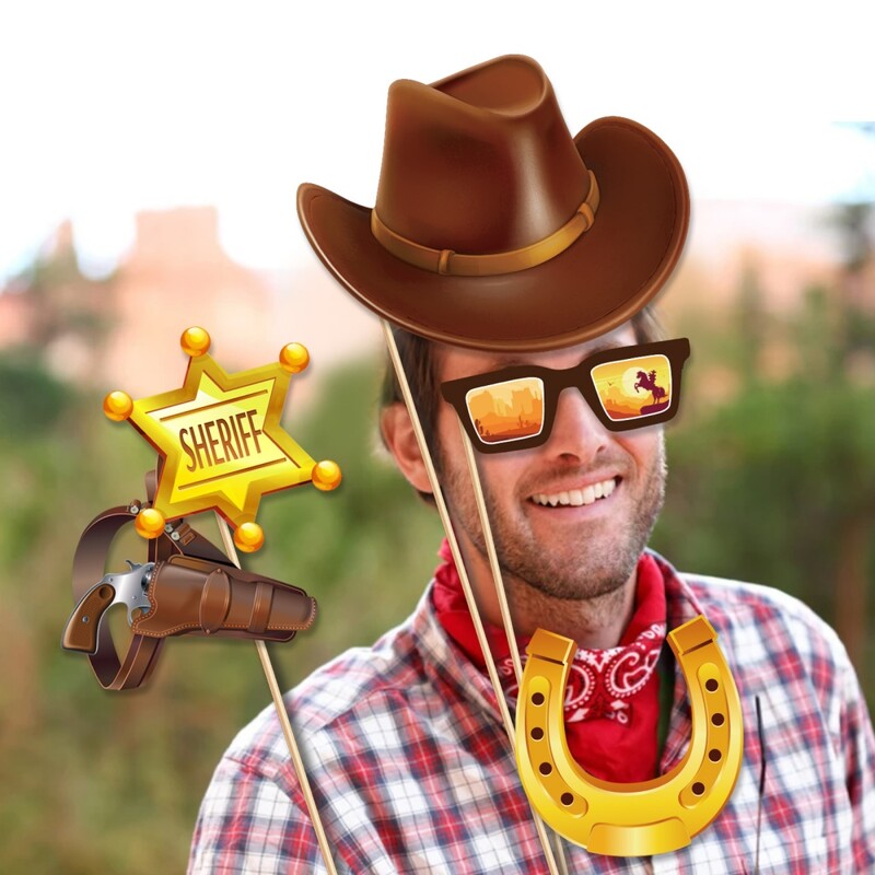 25db western cowboy fotófülke kellék, papír cowboy stílusú fotó kellék, alkalmas bulifotó hangulatú kellékek kellékeihez stb.