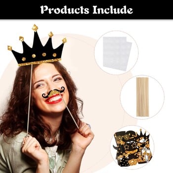 24Pcs Photo Booth Props Kit Μαύρο και χρυσό Χαριτωμένα σχέδια Glitter φωτογράφιση με ραβδί για κορίτσια για πάρτι γενεθλίων