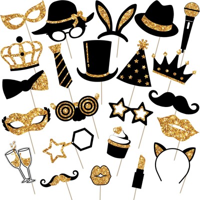 24Pcs Photo Booth Props Kit Μαύρο και χρυσό Χαριτωμένα σχέδια Glitter φωτογράφιση με ραβδί για κορίτσια για πάρτι γενεθλίων