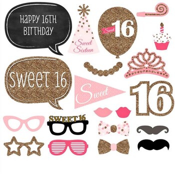 Sweet 16th Birthday Photo Booth Props Sweet 16 Party Decorations Pink girl Birthday Photo Stops