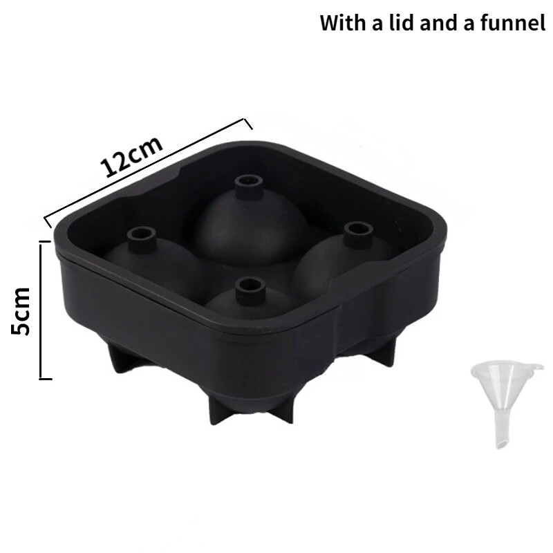4 lyukú jéggolyó forma szilikon jégkocka készítő fedéllel és tölcsérrel, újrafelhasználható jégkészítő jégkockatálca whiskys koktél jégkocka forma