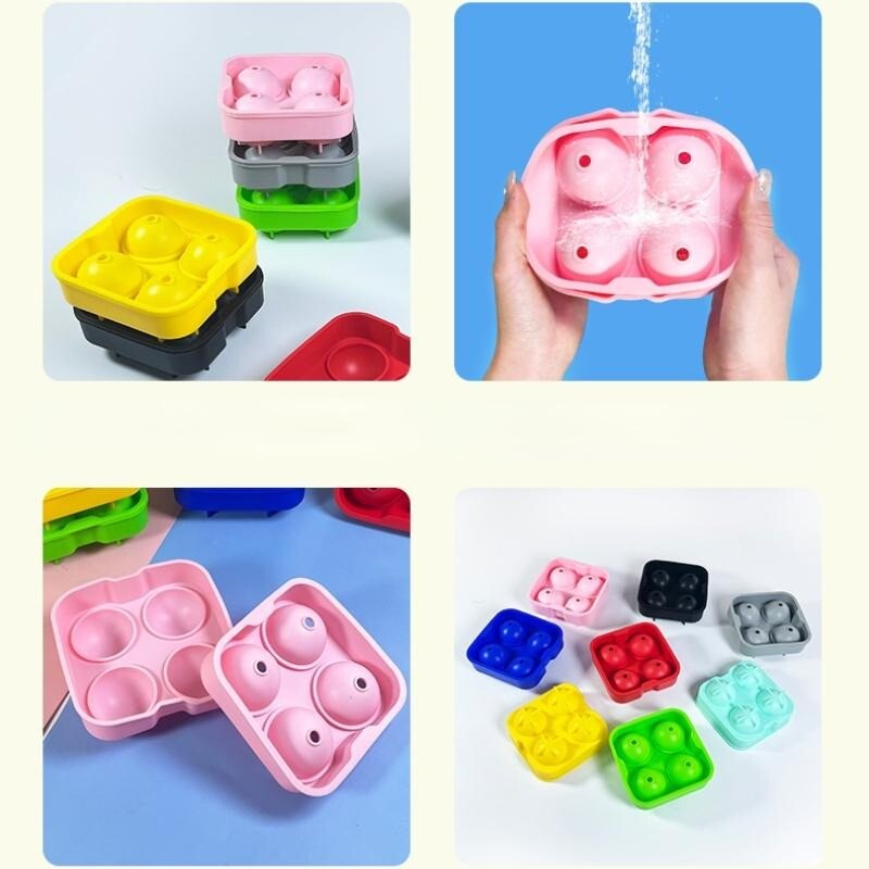 4 lyukú jéggolyó forma szilikon jégkocka készítő fedéllel és tölcsérrel, újrafelhasználható jégkészítő jégkockatálca whiskys koktél jégkocka forma