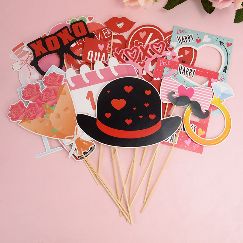 6/27Pcs Valentine's Day LOVE Heart Glasses Photo Booth Props Καπέλο Μουστάκι Lip Heart Photobooth Νυφική διακόσμηση ντους