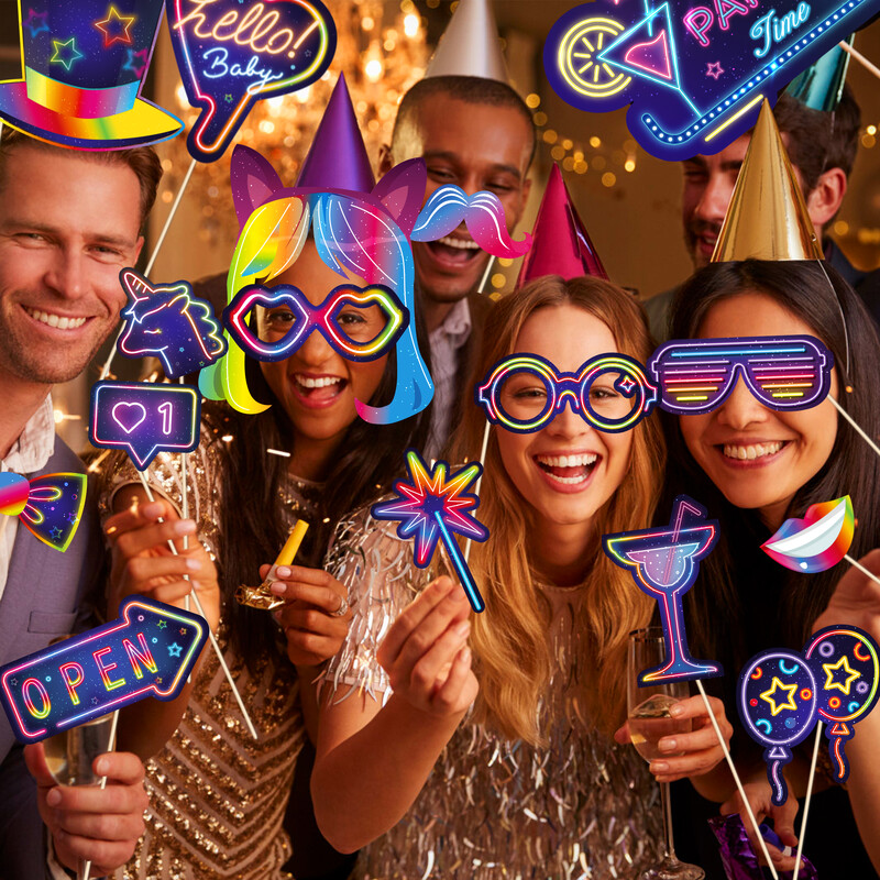 Cool Disco Music Club Glow Party Photo Booth kellékek, barkácsszemüvegek, születésnapi parti, fotózási hátterek, 30 db