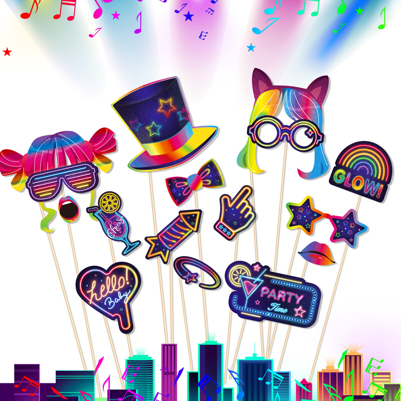 Cool Disco Music Club Glow Party Photo Booth kellékek, barkácsszemüvegek, születésnapi parti, fotózási hátterek, 30 db