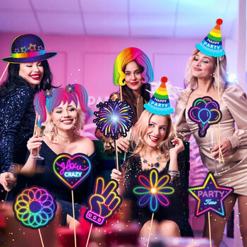 Glow Crazy Party Фото кабина Реквизит Музикален клуб Цветни графити Парти за рожден ден Забавни очила Устни Шапка Направи си сам фотосесия Реквизит Декор