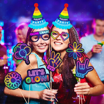 Glow Crazy Party Фото кабина Реквизит Музикален клуб Цветни графити Парти за рожден ден Забавни очила Устни Шапка Направи си сам фотосесия Реквизит Декор