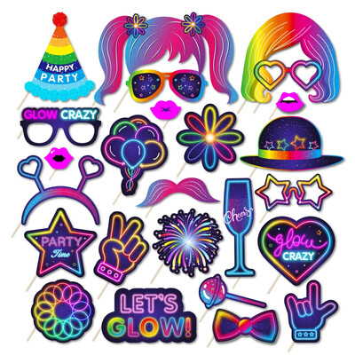 Glow Crazy Party Photo Booth Rekvizīti Mūzikas klubs Krāsains Grafiti Dzimšanas dienas Ballīte Smieklīgi Brilles Lūpas Cepure DIY Fotosesijas rekvizītu dekors