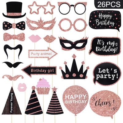 30/26 τεμ. Βιβλιοθήκη για γενέθλια Photo Booth Σκουπ γκλίτερ μάσκα καπέλο μουστάκι για χείλη PhotoBooth στηρίγματα για ενήλικες άντρες, γυναίκες Διακόσμηση πάρτι γενεθλίων