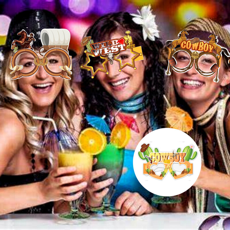 8db Western Cowboy témájú papírpoharak, Western mintás fotófülke kellékek parti hangulat díszítésére stb.