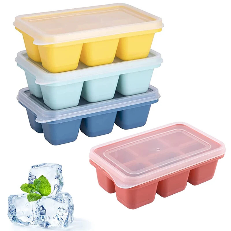 Silikoniniai ledo kubelių padėklai su neišsiliejančiais dangteliais, lengvai atleidžiami, skirti šaldikliui, viskiui, kokteiliams, kūdikių maistui ir gėrimams – 6 kubeliai