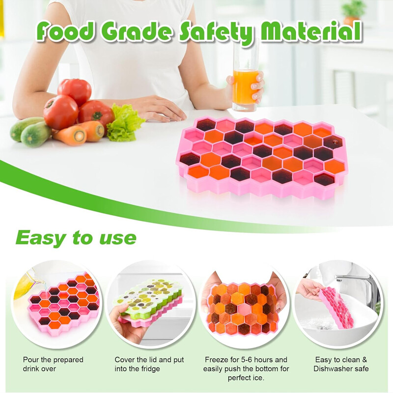 Tavă de gheață din silicon tip fagure - 37 de grile Formă hexagonală pentru cuburi de gheață pentru cuburi de gheață și bile de gheață perfect modelate, potrivite pentru vară