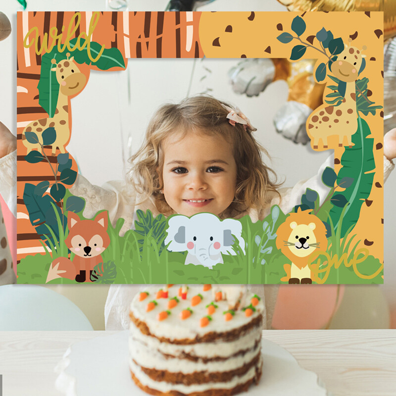 Wild One Animal dzsungel téma Egy éves baba születésnapi partija papír kézi képkeret fényképezési kellékek