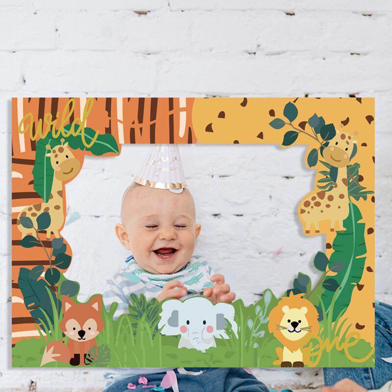 Wild One Animal dzsungel téma Egy éves baba születésnapi partija papír kézi képkeret fényképezési kellékek