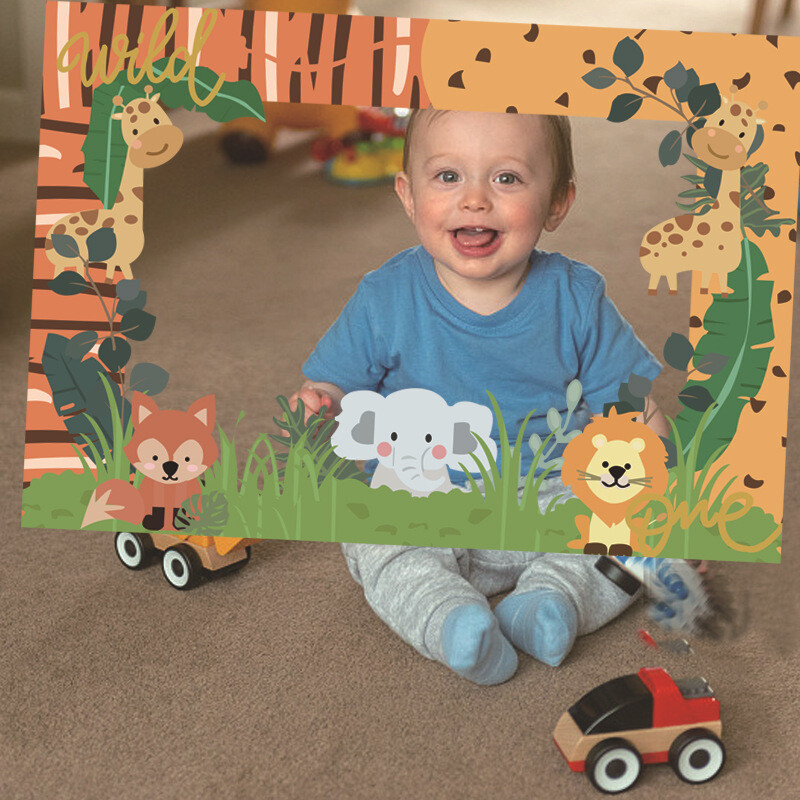 Wild One Animal dzsungel téma Egy éves baba születésnapi partija papír kézi képkeret fényképezési kellékek