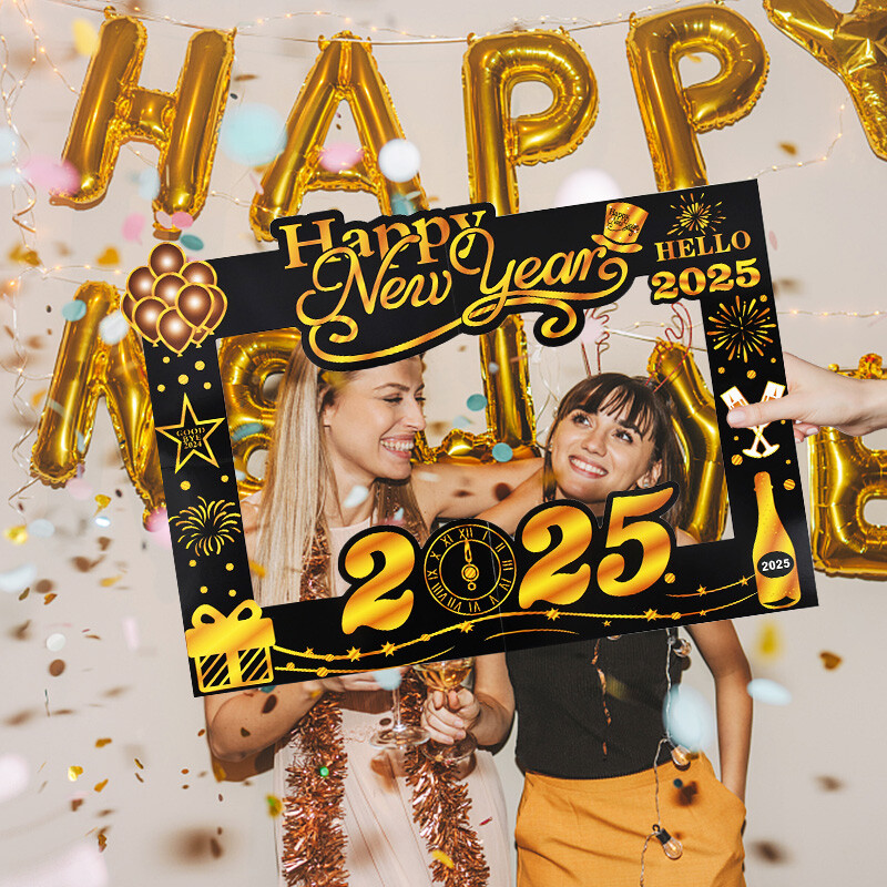 Boldog új évet 2025 Papír szemüveg képkeret Fekete arany fotófülke kellékek szilveszteri parti díszek karácsonyi kellékek