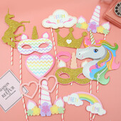 Set de 12 bucăți de elemente de recuzită pentru fotografii cu tema de unicorn, hârtie colorată, accesorii pentru cabină foto de mână, set de decorațiuni amuzante pentru fotografii de petrecere.