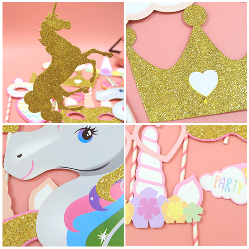 Set de 12 bucăți de elemente de recuzită pentru fotografii cu tema de unicorn, hârtie colorată, accesorii pentru cabină foto de mână, set de decorațiuni amuzante pentru fotografii de petrecere.