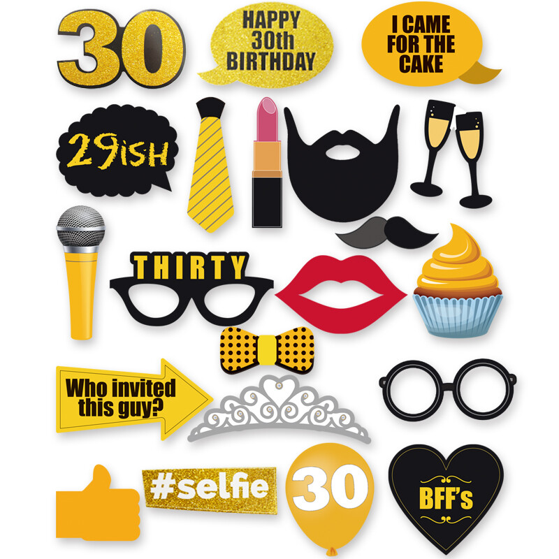21db fekete arany 30. születésnapi parti fotókellékek, kellékek férfi és női 30. születésnapi bulikhoz