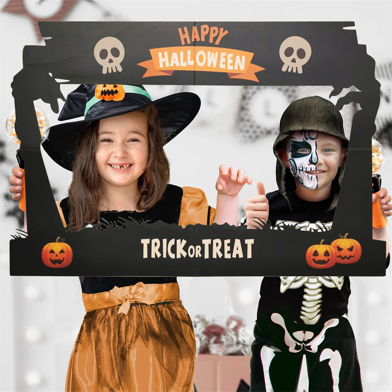 1db Happy Halloween Pumpkin Bones papírkeret fotófülke kellékek buli gyerekeknek felnőtteknek Halloween szelfi kellékek parti dekoráció
