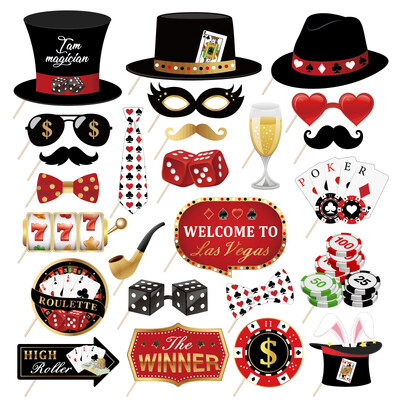 Les Vegas Poker Party Photo Booth Props Παιγνιόχαρτα Magicians Birthday Party Funny Glasses Lips Hat DIY Photo Shoot Prop Decor