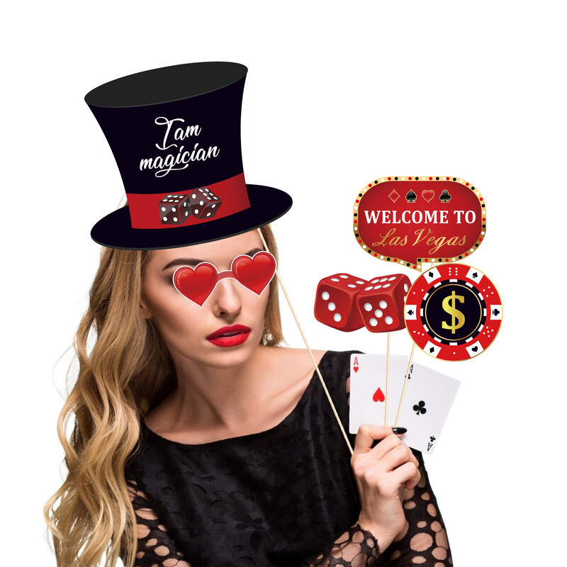 Les Vegas Poker Party Photo Booth Kellékek Játékkártya Varázslók Születésnapi Party Vicces Szemüvegek Ajkak Kalap Barkácsolás Fényképezés Kellék Dekor