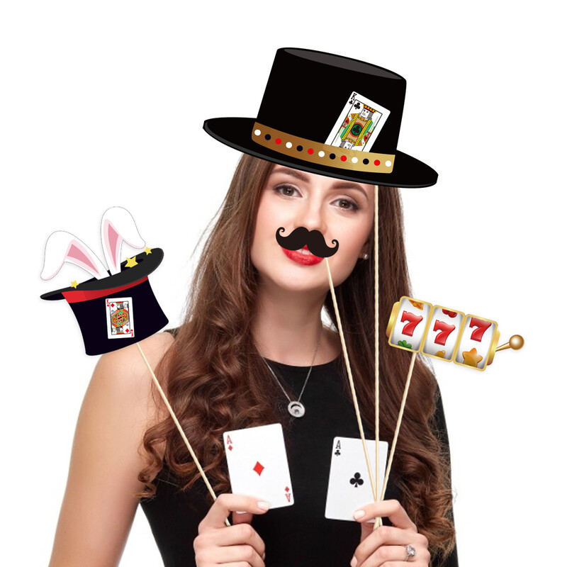 Les Vegas Poker Party Photo Booth Kellékek Játékkártya Varázslók Születésnapi Party Vicces Szemüvegek Ajkak Kalap Barkácsolás Fényképezés Kellék Dekor