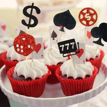 1-9 бр. черен червен блясък Casino Happy Birthday Cake Topper Casino Poker Dice Cake Decor Тематични консумативи за рожден ден в Лас Вегас