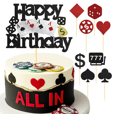 1-9 tk Black Red Glitter Casino Happy Birthday Cake Topper Kasiino pokkeri täringutordi sisekujundus Las Vegase teemalised sünnipäevapeo tarvikud