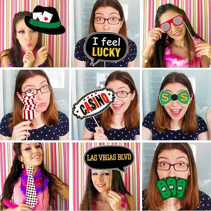 24 db/készlet Las Vegas pókertéma Photo Booth kellékek Kaszinójáték Éjszakai jelmez maszk fiú születésnapi lánybúcsú dekorációjához