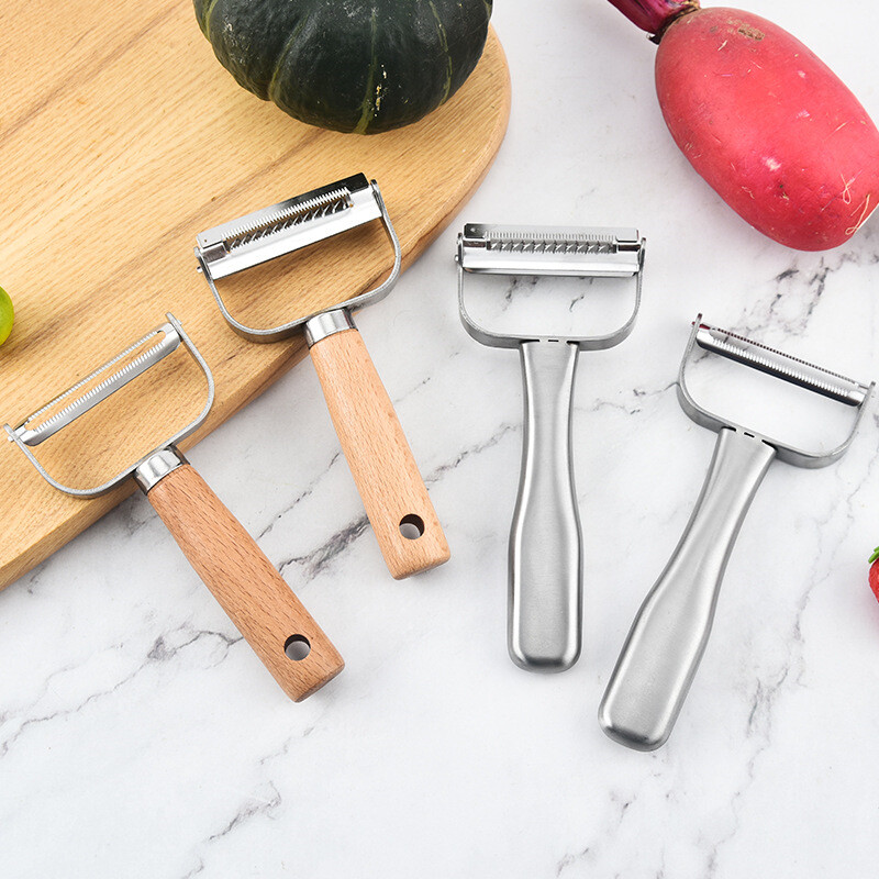 Nerūdijančio plieno daržovių skustukas su medine rankena Daugiafunkcinis bulvių morkų trintuvės smulkintuvas pjaustymo peilis virtuvės įtaisas