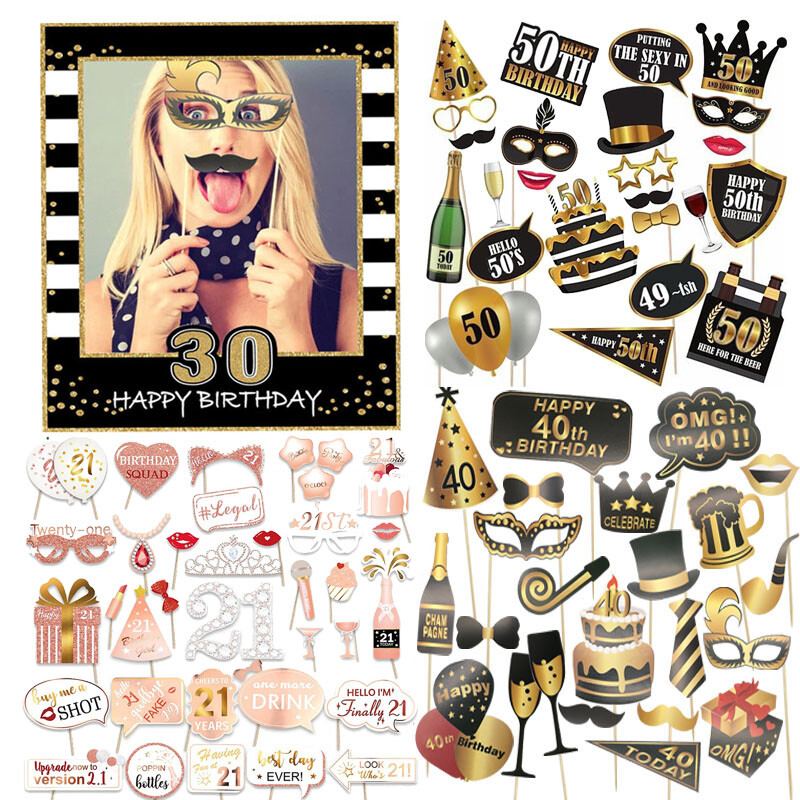 1Szett fekete rózsaszín 18 21 30 40 50 60. papír kézi fotó kellékek férfiaknak és nőknek Boldog születésnapi évfordulós parti dekorációs kellékek