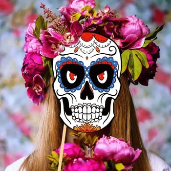 21Pcs Mexico Day of The Dead Χαρτί με θέμα Φωτογραφικό περίπτερο στηρίγματα Halloween Skull Photobooth Mexican Fiesta Party Decoration Supplies