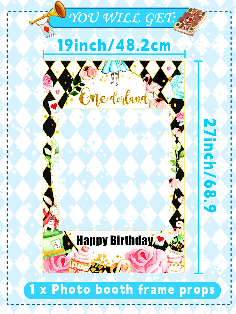 Alisa Onederlande 1-ojo gimtadienio fonas Alisa Onederlande vakarėlio reikmenys Alisa Onederlande vakarėlio fotokabinos rekvizitai