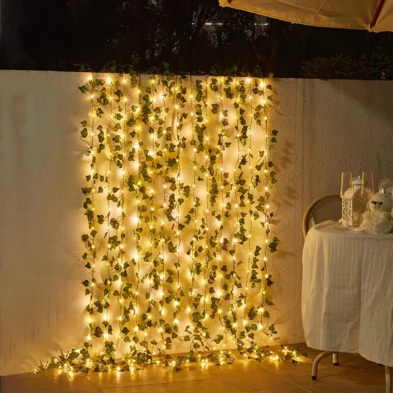 12/10/2 m Hamis zöld levelű borostyán szőlő LED-lámpákkal Otthoni dekoráció Hálószoba dekoráció Esküvői Ragyogó műnövény girland lakberendezés