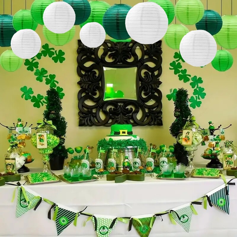 20db, zöld-fehér lámpás (4 hüvelyk és 12 hüvelyk között), esküvő, dzsungel témájú Szent Patrik napi Hawaii nyári buli