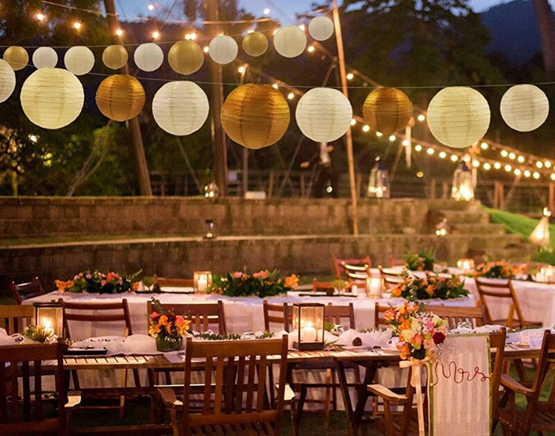 Dekoratív party papír lámpások 18 db arany fehér bézs kerek japán/kínai lámpás lámpás papír esküvői kültéri dekorációhoz