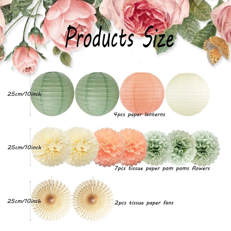 Kisfiú lány 1. születésnapi buli, őszibarack rózsaszín szett kerek papír golyós lámpás összecsukható keresztelő esküvői dekoráció zsályás zöld pompon