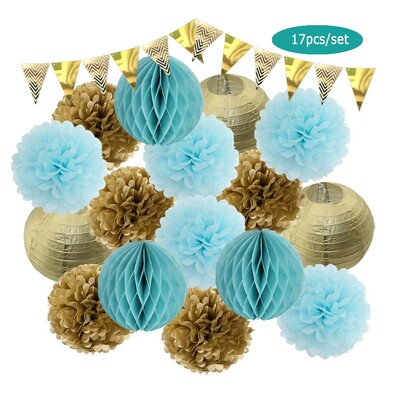 Χρυσό μπεζ σετ στρογγυλό χάρτινο πανό φαναράκι κυψελοειδή μπάλα για αγοράκι 1ου γενέθλια DIY Διακόσμηση Νυφικού Ντους Μπομπονιέρα Γάμου