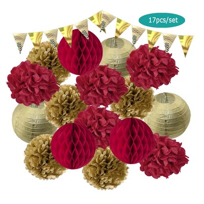 Χρυσό μπεζ σετ στρογγυλό χάρτινο πανό φαναράκι κυψελοειδή μπάλα για αγοράκι 1ου γενέθλια DIY Διακόσμηση Νυφικού Ντους Μπομπονιέρα Γάμου