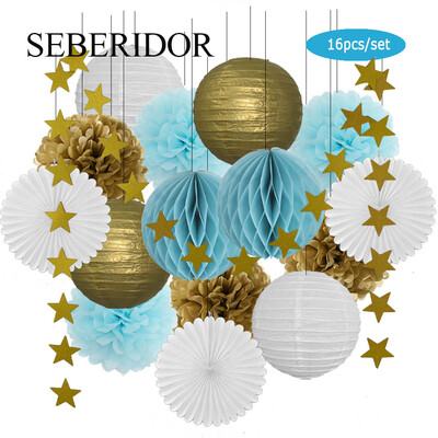 Χρυσό μπεζ Σετ Στρογγυλό Χαρτί Φανάρι Λευκή μπάλα Κυψελοειδή Πτυσσόμενη Βεντιλατέρ Για Βάπτιση Μπομπονιέρα Γενεθλίων Διακόσμηση Γάμων