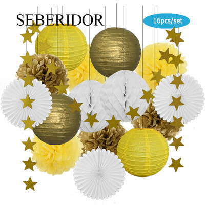 Χρυσό μπεζ Σετ Στρογγυλό Χαρτί Φανάρι Λευκή μπάλα Κυψελοειδή Πτυσσόμενη Βεντιλατέρ Για Βάπτιση Μπομπονιέρα Γενεθλίων Διακόσμηση Γάμων